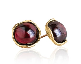 Victorian Red Garnet Stud Earrings: Gold Plated Sterling Silver
