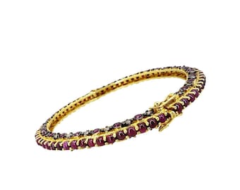 Ruby Diamond Sterling Silver Bangle Bracelet: 14k Gold Accent, July Birthstone