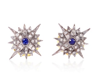 Vintage Sapphire Diamond Starburst Stud Earrings, Sterling Silver