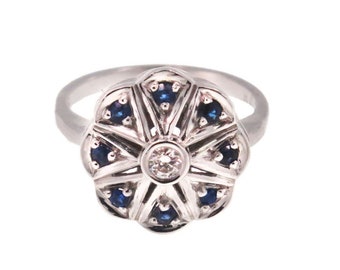 Viktorianischer Sterling Silber Saphir Blumenring: Antiker Stil Schmuck