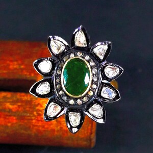 Viktorianischer Smaragd Diamant Gold Ehering für Frauen, 925er Silber Floral Polki Diamant Ring, Geburtstagsgeschenk für Mai Birthstone