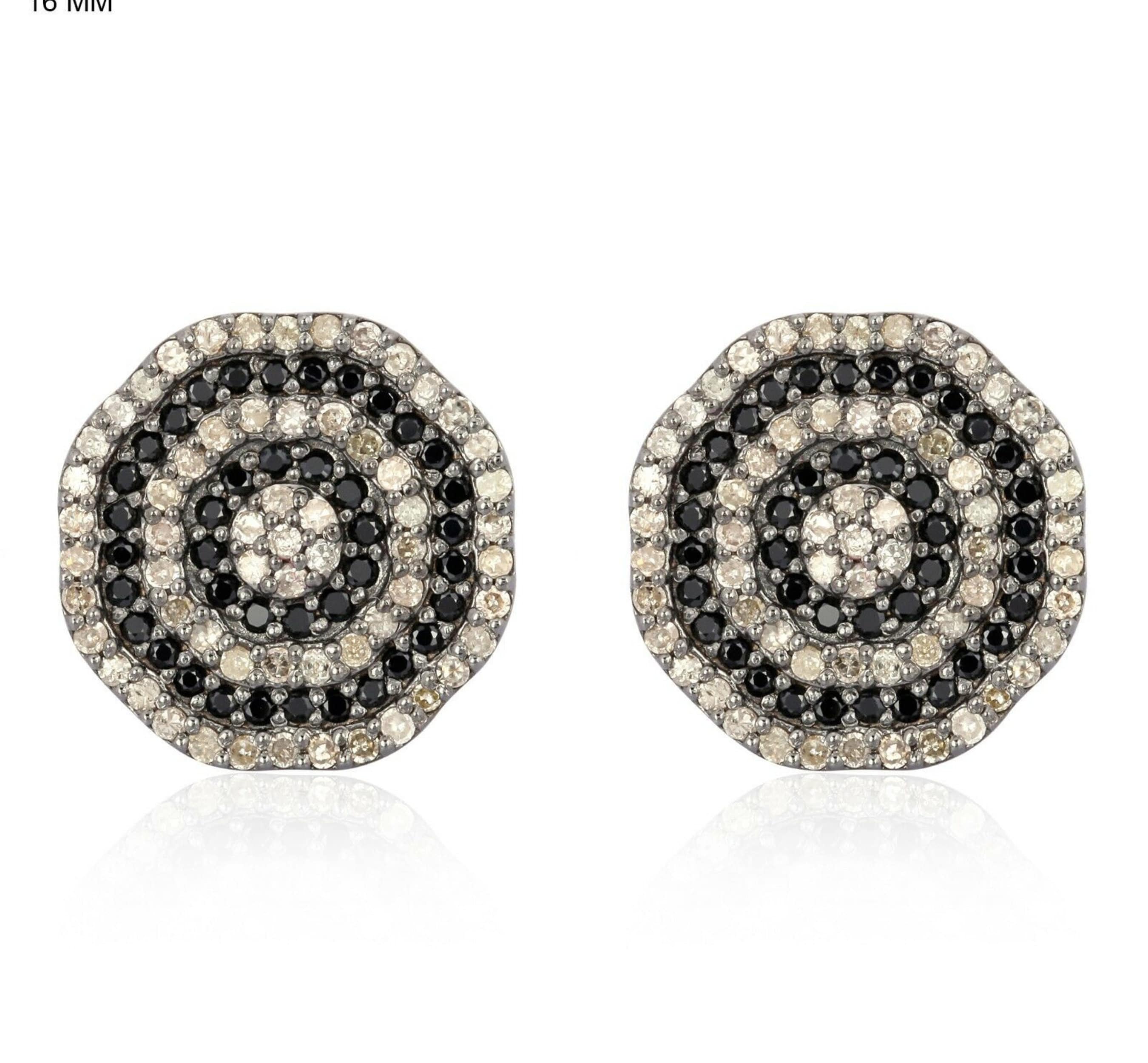 Black Spinel Pave Diamond Stud Earrings: Oxidized Sterling Silver