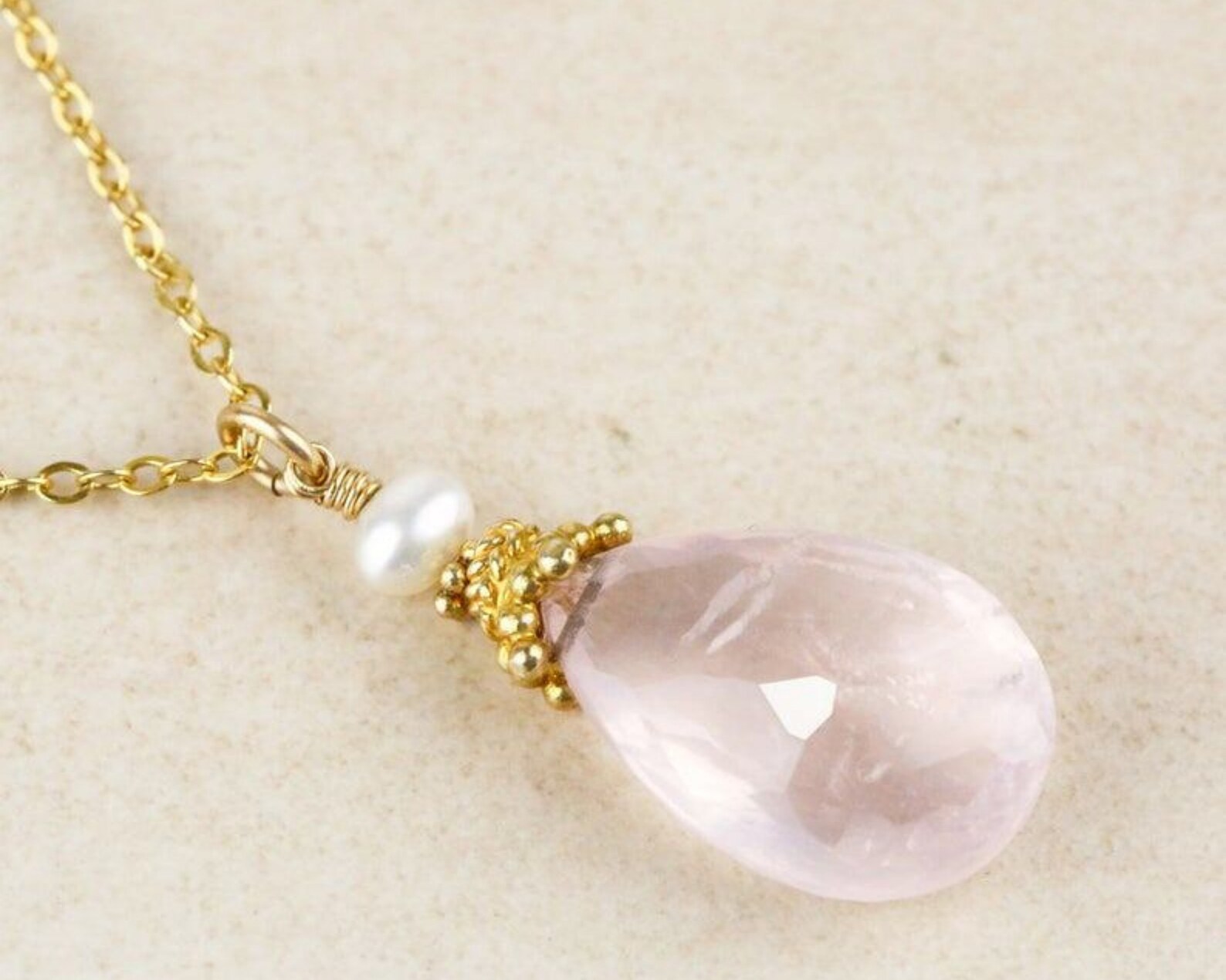 Real Rose Quartz Gold Sterling Silver Pendant Necklace Etsy