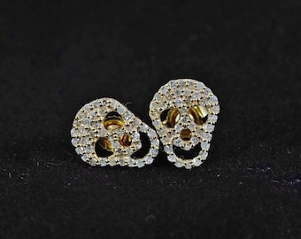 Pave Diamond Skull Earrings: 14k Gold-Plated Sterling Silver Gothic Studs