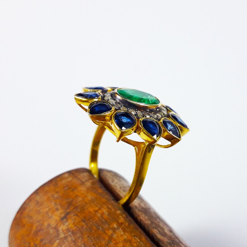 Superior Green Emerald And Blue Sapphire Diamond Cut Work Vintage Earrings In 925 Sterling Silver For Wedding And Engagement