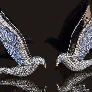 Vintage Sapphire Diamond Bird Earring, Sterling Silver Blue Sapphire Pegion Clip Statement Earring Gift For Her Wedding Anniversary Birthday