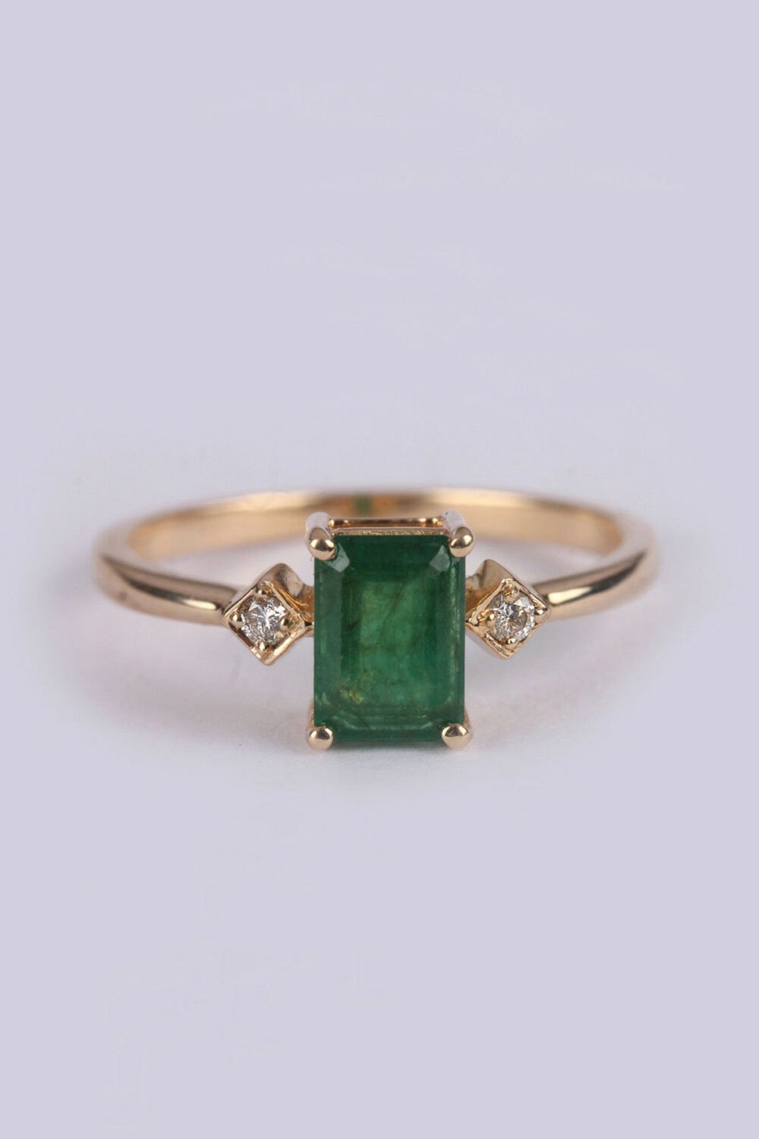Vintage Emerald Ring, Emerald Diamond Ring, Gold Ring, Emerald Green