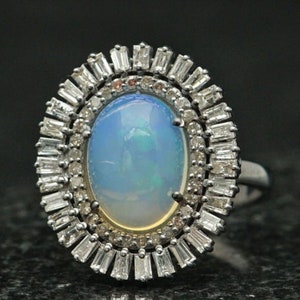 Natural Opal Diamond Ring: Sterling Silver October Birthstone