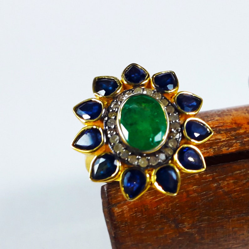 Superior Green Emerald And Blue Sapphire Diamond Cut Work Vintage Earrings In 925 Sterling Silver For Wedding And Engagement