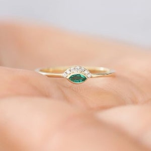 Dainty Emerald Gold Ring Stackable Promise Ring,  Gift For Her Birthday Minimalist Green Gemstone Ring For Women, Marquise Cut Emerald Ring