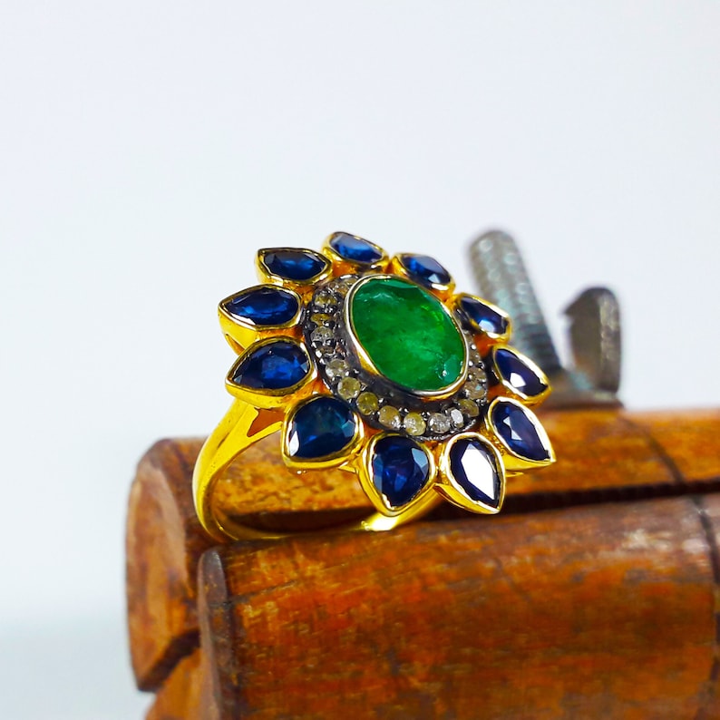 Superior Green Emerald And Blue Sapphire Diamond Cut Work Vintage Earrings In 925 Sterling Silver For Wedding And Engagement