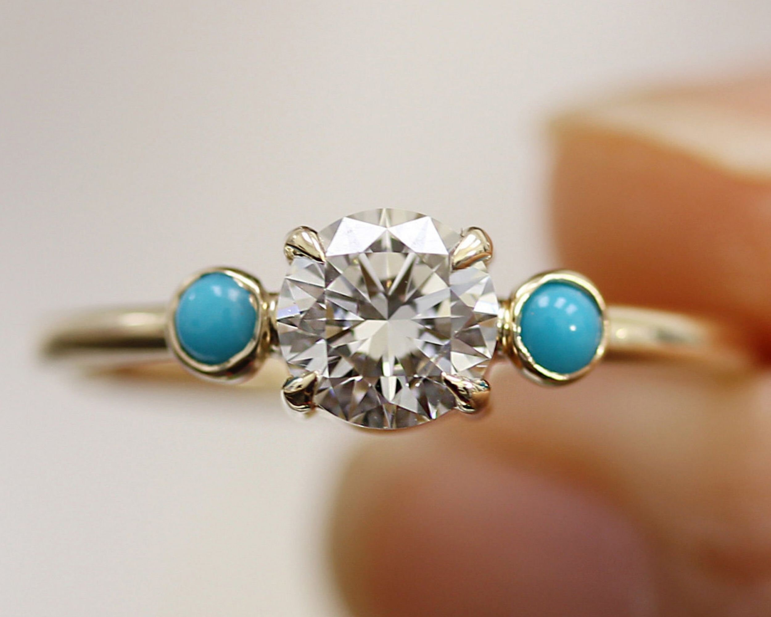 Vintage Three Stone Turquoise CZ Sterling Silver Ring For Gift, 14k Gold Promise Ring For Women Birthday Gift For Her Wedding Anniversary