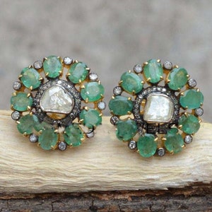 Vintage smaragd en diamanten oorbellen sterlingzilveren studs, Victoriaanse emerald polki oorbellen verjaardagscadeau voor vrouwen, statement stud