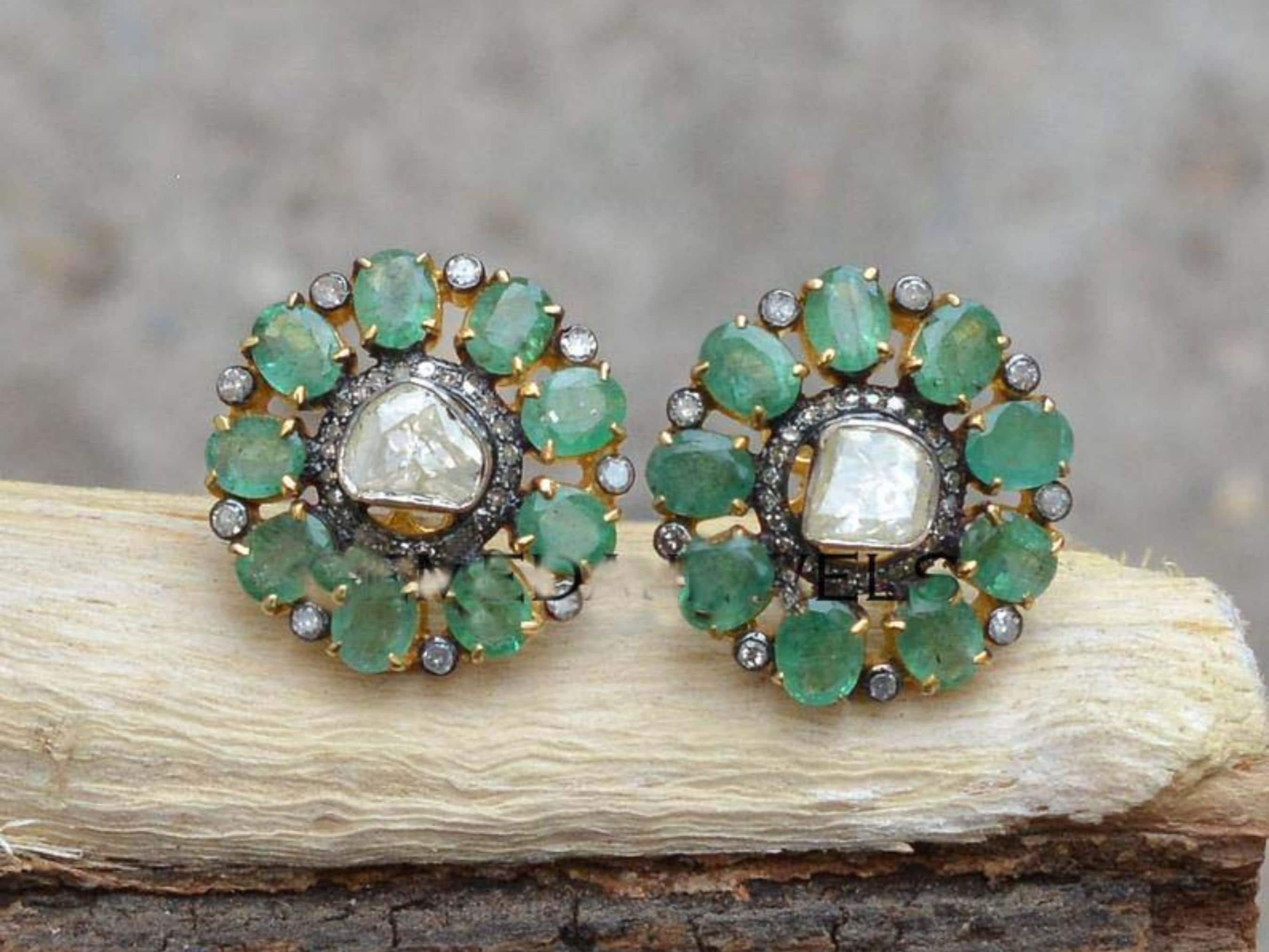 Green Emerald Diamond Stud Earrings For Women 925 Sterling Etsy