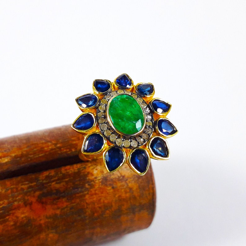 Superior Green Emerald And Blue Sapphire Diamond Cut Work Vintage Earrings In 925 Sterling Silver For Wedding And Engagement