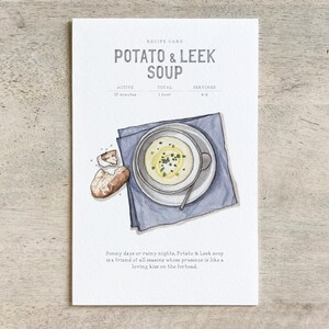 Sopa de patatas y puerros: Tarjeta de recetas / Tarjeta de notas / Gracias / Cumpleaños / Celebración / Recetas / Comida / Cocina / Verduras / Comida reconfortante