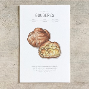 Gougeres: Scheda di ricetta / Biglietto da visita / Ringraziamento / Compleanno / Celebrazione / Ricette / Cibo / Cucina / Pasticceria al formaggio francese / Choux / Antipasto