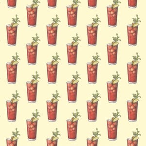 May include: A seamless pattern of red cocktails with green garnishes on a light yellow background.