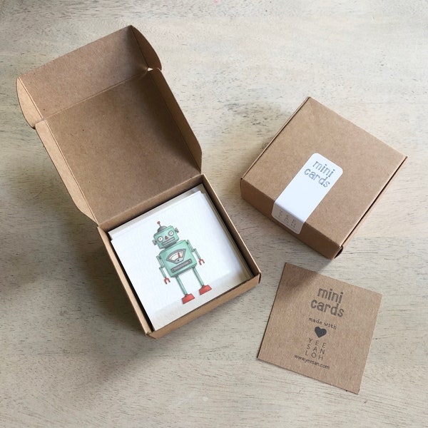 Robots: Minikaarten Box Set / Cadeaukaartjes / Aquarelillustratie / Kleine berichten / Feestartikelen / Kousvullers / Geschenkmanden / Robot