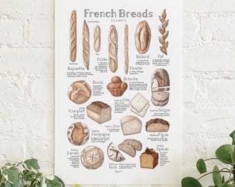 May include: A print titled "French Breads Classic" features watercolour illustrations of various French bread types, including baguettes, boules, and brioche. The print includes the names of each bread style.