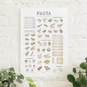 May include: A chart illustrating different types of pasta, with illustrations of each type and their names. The chart is divided into categories: long/strands, tubes/tubular, ribbons/sheets, stuffed/filled, soup/pastina, and dumplings.