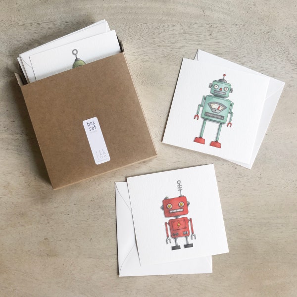Robot: set di scatole di carte / biglietti da visita / carte piatte / illustrazioni ad acquerello / regali / scatole regalo / robot / giocattoli vintage / giocattoli / retrò