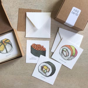 Sushi.Maki: Zestaw mini kartek / Etykiety prezentowe / Ilustracje akwarelowe / Małe wiadomości / Upominki na imprezę / Prezenty świąteczne / Kosze prezentowe