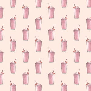 Puede incluir: Patr&oacute;n repetido de batidos rosas con crema batida, una cereza y una pajita. Los batidos est&aacute;n en vasos transparentes sobre un fondo rosa claro. El estilo de ilustraci&oacute;n recuerda a un restaurante vintage.