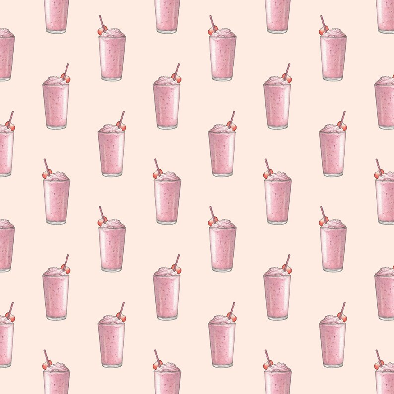 Puede incluir: Patr&oacute;n repetido de batidos rosas con crema batida, una cereza y una pajita. Los batidos est&aacute;n en vasos transparentes sobre un fondo rosa claro. El estilo de ilustraci&oacute;n recuerda a un restaurante vintage.