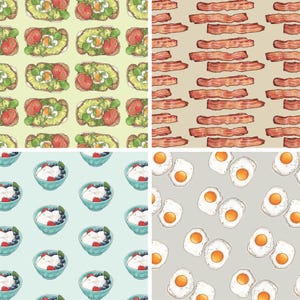 Desayuno y brunch 1 de 2: Papel de regalo (hoja de 13 x 19) / Fiestas / Cumpleaños / Huevos soleados / Croissants / Tostadas de aguacate / Tocino