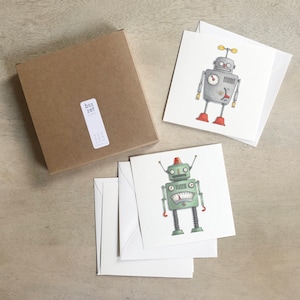 Robots: Cards Box Set / Notecards / Flat Cards / Watercolor Illustration / Gifts / Gift Boxes / Robot / Vintage Toys / Toy / Retro