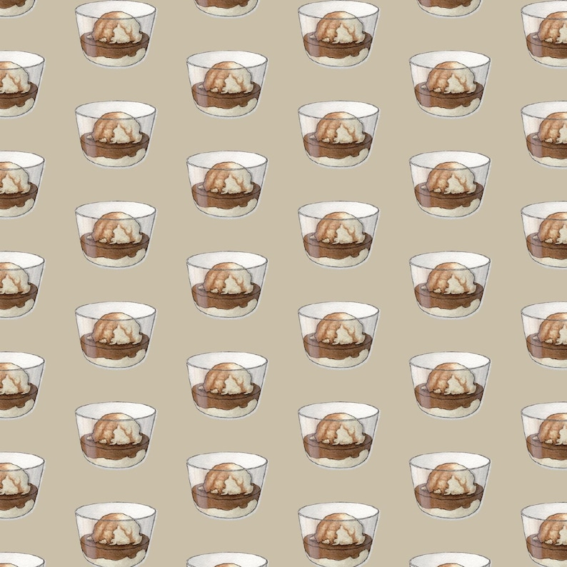 Puede incluir: Patr&oacute;n repetitivo de copas de helado de acuarela en vasos transparentes. Cada helado tiene una bola de helado de vainilla sobre una capa de salsa de chocolate. El fondo es de color beige liso.