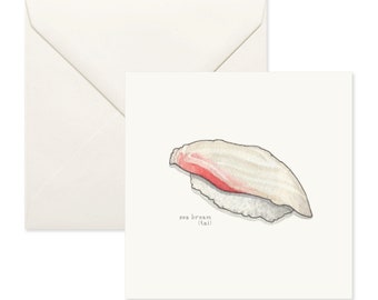 Sushi: Sea Bream Nigiri / Notecard / Thank You Card / Message Card / Birthday Card / Watercolor Illustration / Tai