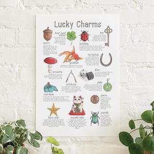 Lucky Charms: Poster / Good Luck / Four-Leaf Clover / Ladybug / Key / Horseshoe / Wishbone / Maneki Neko / Penny / Amanita Mushroom / Acorn