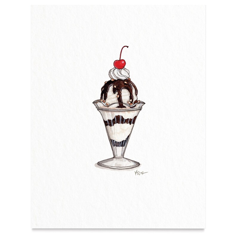 Desserts Hot Fudge Sundae / Watercolor Illustration / Print / Etsy