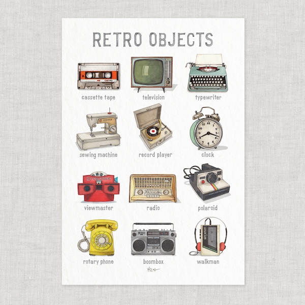 Retro Objects / Poster / Illustrations / Art Print / Home Decor / Walkman / Cassette Tape / Typewriter / Record Player / Rotary Telephone