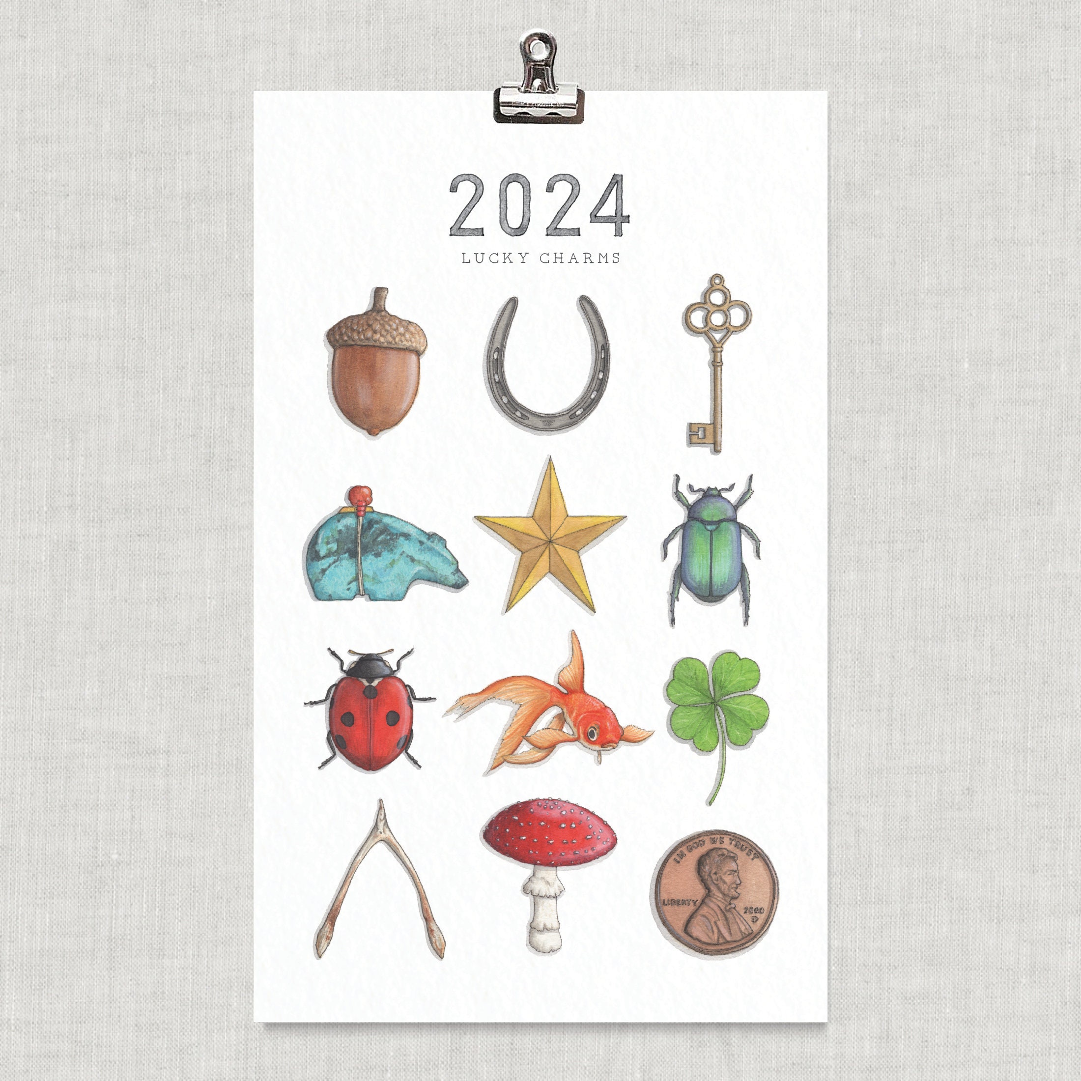 2023 Calendar: Lucky Charms / Good Luck / Four-leaf Clover / Ladybug / Key  / Horseshoe / Wishbone / Penny / Amanita / Acorn / Zuni Bear -  Norway