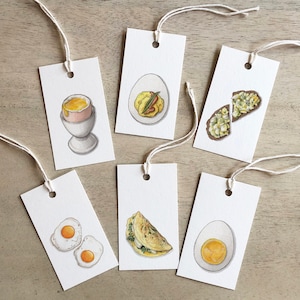 Oeufs : Vaisselle / Étiquettes cadeaux / Illustration à l'aquarelle / Pâques / Baby Shower / Vacances / Nouvel An / Étiquette cadeau / Oeuf / Omelette / À la coque