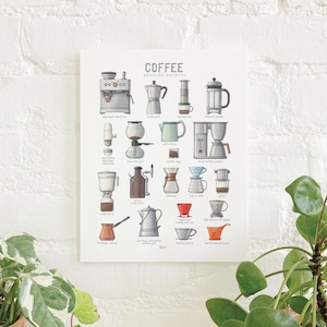 Coffee Brewing Methods: 8.5 x 11 Art Print / Watercolor Illustration /  Home Decor / Espresso / French Press / Coffee Pots / Nitro Cold Brew