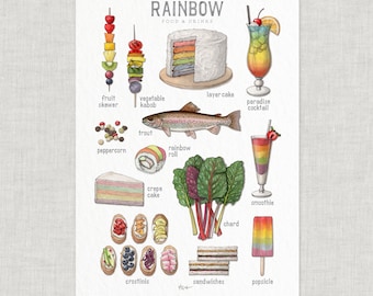 Rainbow Food & Drinks: Poster / Food / Illustrations / Art Print / Home Decor / Rainbows / Pride / ROYGBIV / Cake / Smoothie / Popsicle