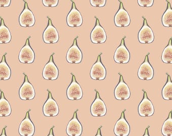 May include: A repeating pattern of sliced figs on a peach-colored background. Each fig is cut in half, revealing the pink and white interior. The figs have green stems and are outlined in a dark purple color.