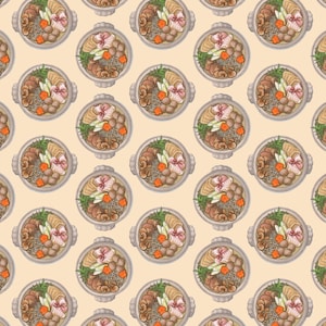 May include: Seamless pattern of round bowls filled with various food items, including meatballs, mushrooms, and vegetables. The bowls are gray with handles, and the background is a light beige color. The food items are in shades of brown, orange, green, and pink.