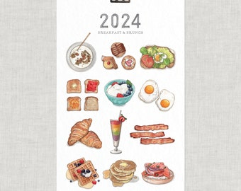 2024 Calendar: Breakfast & Brunch / Food Illustration / Art / Waffles / Eggs / Lox / Yogurt / Quiche / Avo Toast / Bacon / Eggs / Omelette