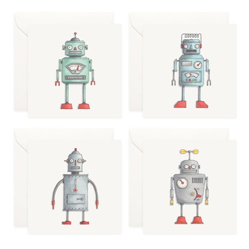 Robots Mini Cards Box Set / Gift Tags / Watercolor Etsy