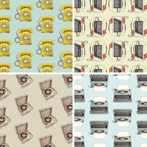 Objetos retrô 2 de 2: Papel de embrulho (folha 13x19) / Aniversário / Festas / Aniversário / Feriados / Telefone giratório / Máquina de escrever / Walkman