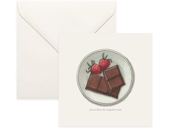 Candies & Sweets: Chocolate + Raspberries / Notecard / Thank You Card / Message Card / Birthday Card / Food / Candy / Chocolate / Raspberry