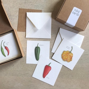 Papryczki chili: Zestaw miniaturowych kartek / Etykiety prezentowe / Ilustracje akwarelowe / Maleńka wiadomość / Upominki na imprezę / Wypełniacze skarpet / Kosze prezentowe