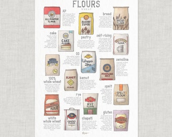 Flours (Wheat): Poster / Food / Illustrations / Art Print / Home Decor / Flour / Baking / Breadmaking / Spelt / All-purpose / Pastry / Cake
