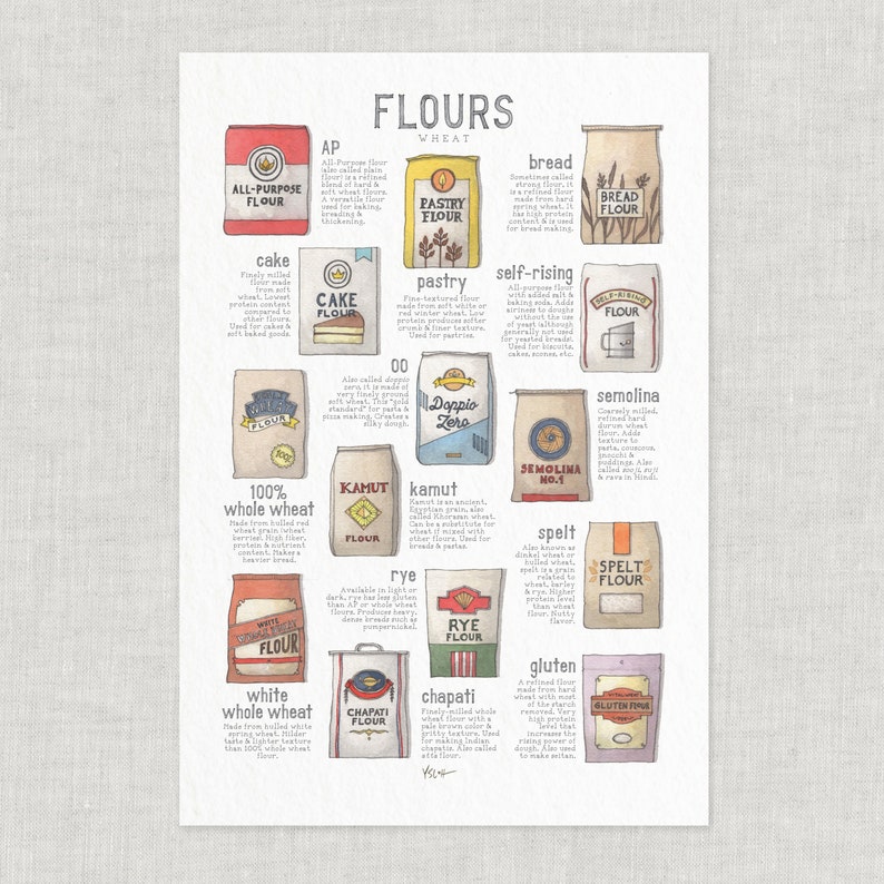 Flours Wheat: Poster / Food / Illustrations / Art Print / Home Decor / Flour / Baking / Breadmaking / Spelt / All-purpose / Pastry / Cake image 1