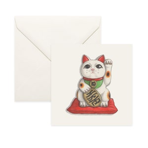 Lucky Cat Maneki Neko Asian Cat for Good Luck 5x5 Folded Set of 5 Blank Greeting Cards Thank You or Good Luck Card Japanese Stationery